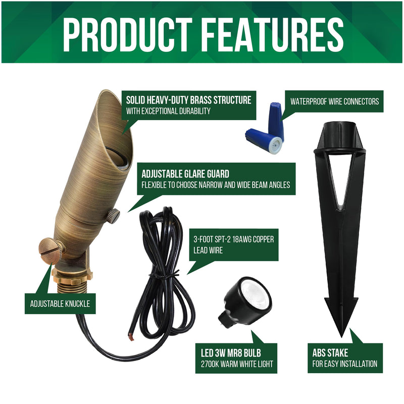 GKOLED Low Voltage Solid Brass LED Spotlight with MR8 Bulb, Outdoor Waterproof Landscape Lighting, Adjustable Uplights with Stake for House Garden Trees Lawn Patio Yard Fence, 3W 12V 180LM 2700K Shroud Adjustable-Antique Bronze 1 Pack