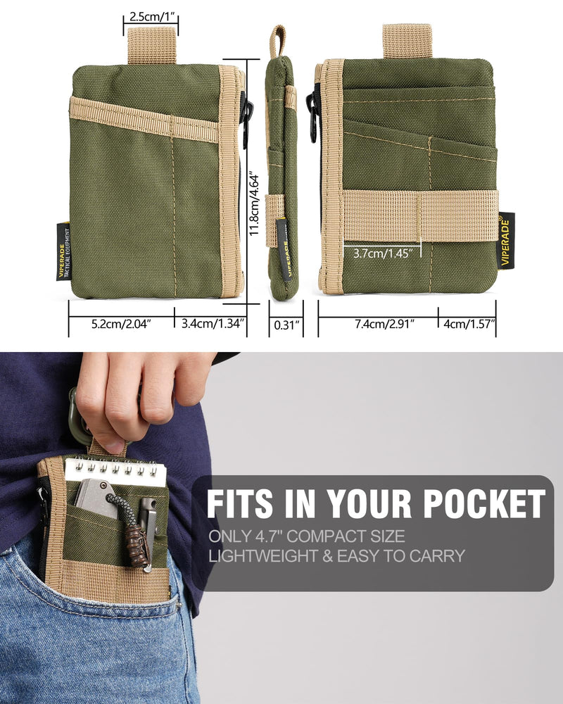 VIPERADE VE28 6-in-1 EDC Pouch, 500D Compact EDC Pocket Organizer, Molle Extension Tool Storage Bag, Small Coin Purse/Card Holder/Swiss Army Knife Pocket Pouch (Green/Tan) Green/Tan