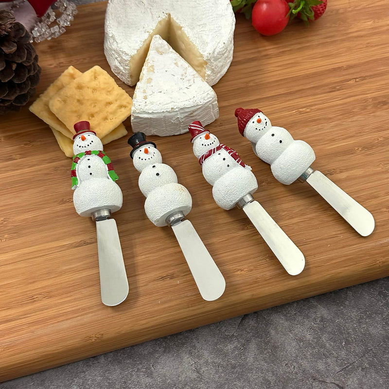 Wine Things Snowmen Cheese Spreaders, Hand-Painted Resin Handles with Stainless Steel Blades for Spreading Cream Cheese, Butter, and Jam, Assorted Designs, Set of 4
