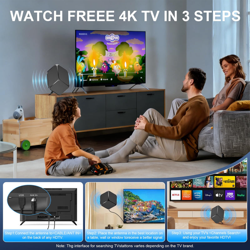 Indoor TV Antenna, 4K Ultra HD Free Channels with Amplifier | Free Local Channels, ABC NBC FOX CBS PBS, Amplified Signal Booster, USB Powered, Long Range Reception Black