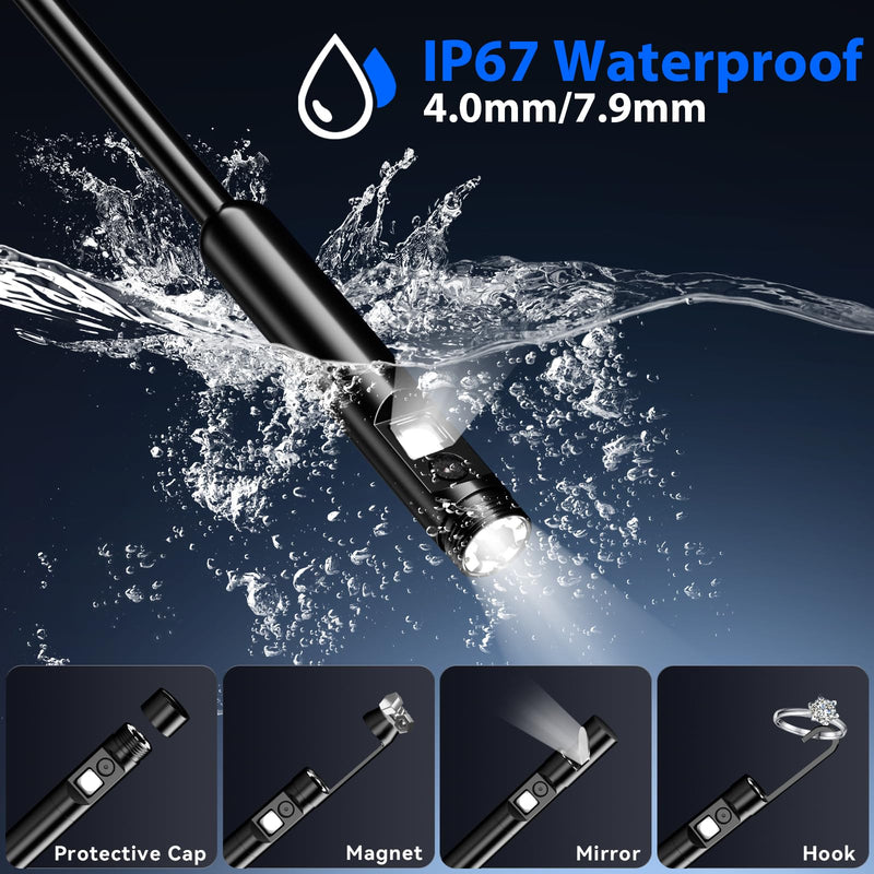 Endoscope Camera with Light, Dual-Lens 1920P HD Borescope Tools with 8+1 Adjustable LED Lights, 9.8FT Semi-Rigid Snake Cord IP67 Waterproof Inspection Camera for iPhone, iPad, iOS and Android Phone Dual Lens