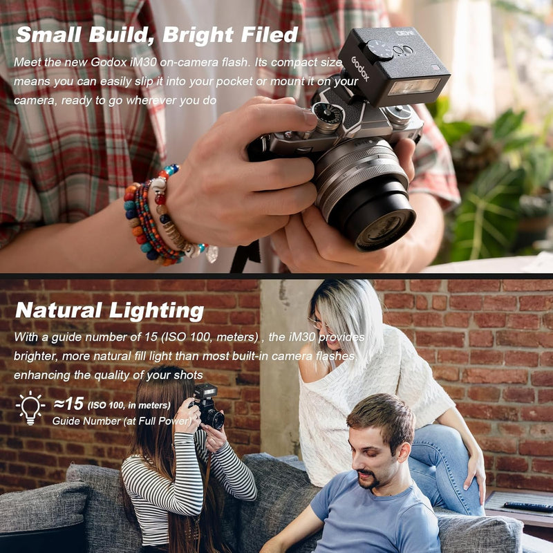 Godox iM30 Mini Camera Flash with Diffuser GN 15 CCT 6500K±200K | 7 Levels Flash Power Mini Flash Speedlite 230 Full-Power Flashe for Canon Sony zv1 zve10 Ricoh gr3 Nikon Fuji Olympus Camera IM30 with Diffuer