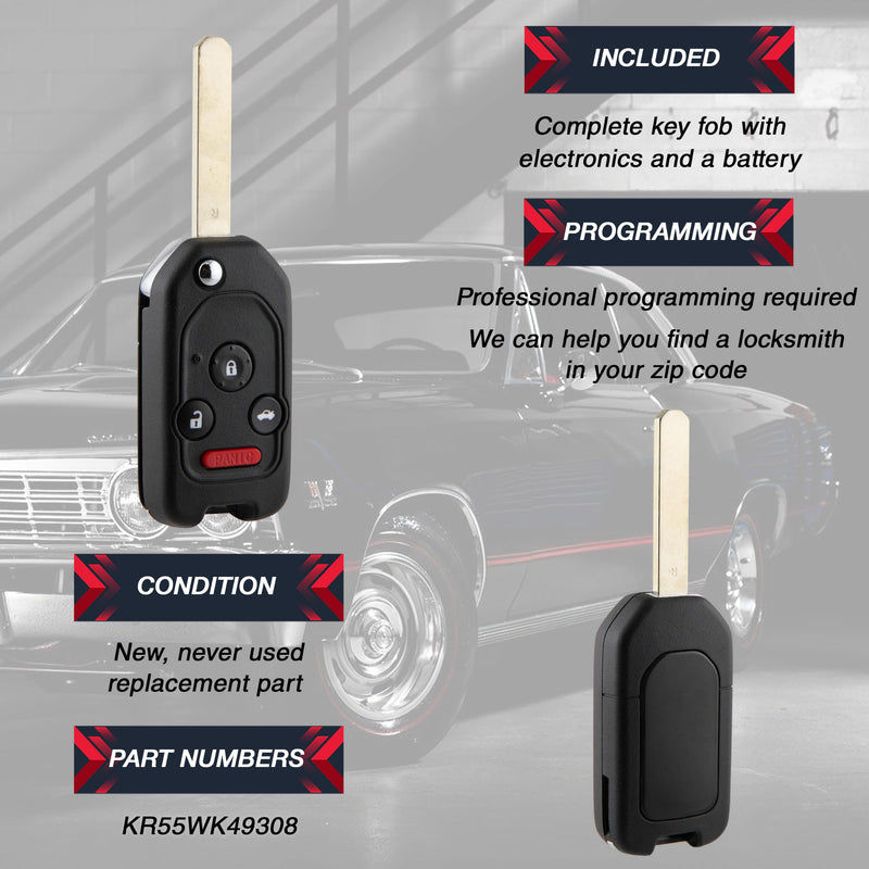 Remote Key Fob Flip Style Upgrade Replacement for 2008 2009 2010 2011 2012 2013 2014 2015 Honda Accord Pilot (KR55WK49308 35118-TA0-A00) One