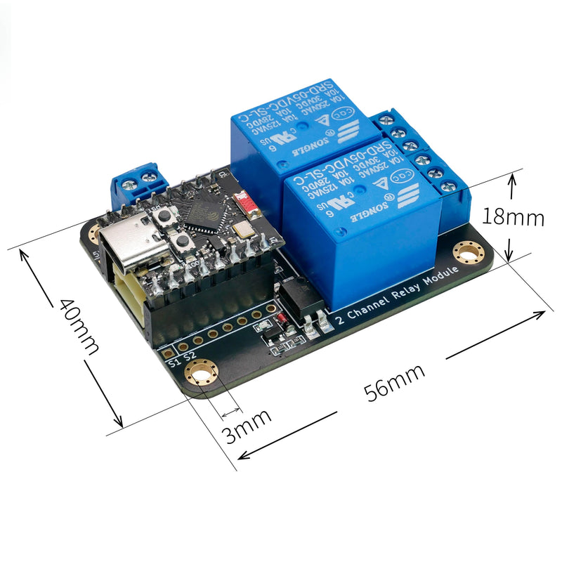 ESP32-C3 Relay Module, 2-Channel Low-Level Trigger Board | Smart Home Relay Expansion Board, Support ESPHome & Home Assistant, USB-C / 5V Terminal Power Options for DIY Remote Control ESP32-C3 + Relay