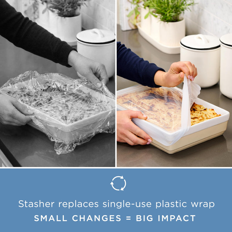 Stasher Reusable Silicone Stretch Lid for Casseroles, Pans, Baking Dishes–Rectangle Replacement Lid, 9”x13”, Stretchable, Leak-Free, Microwave Safe, Dishwasher Safe, Food Cover, Eco-Friendly, Clear Rectangular