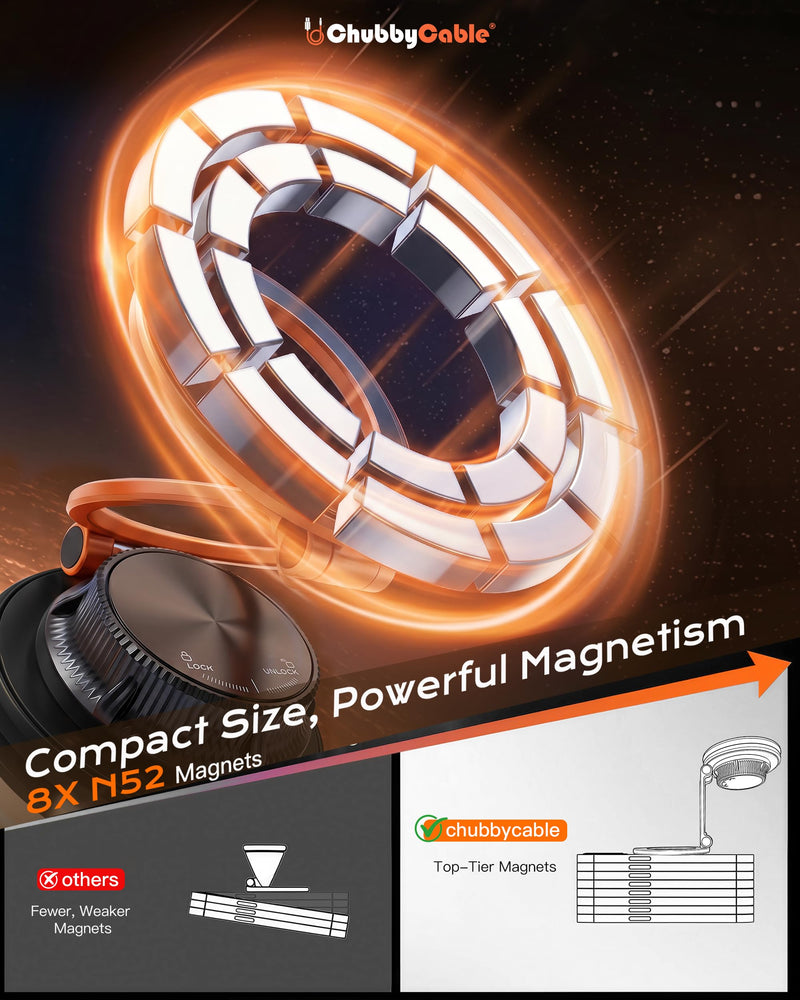 chubbycable Magnetic Car Phone Holder 360° Rotation with Vacuum Base | Foldable design with ultra-strong magnetic hold, vacuum suction base, compatible with MagSafe iPhone 12-17 series and Android Vacuum Base-Orange 1 Pack