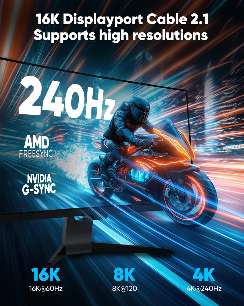 Highwings 80Gbps Displayport Cable 2.1 10FT, 16K@60Hz, 8K@120Hz, 4K@240Hz, DP 2.1 Cable 16K Braided Cord, Compatible with HDR10 DSC 1.2a, G-Sync FreeSync Gaming PC, Gaming Monitor 5090, AMD 7900XTX 10 Feet Grey