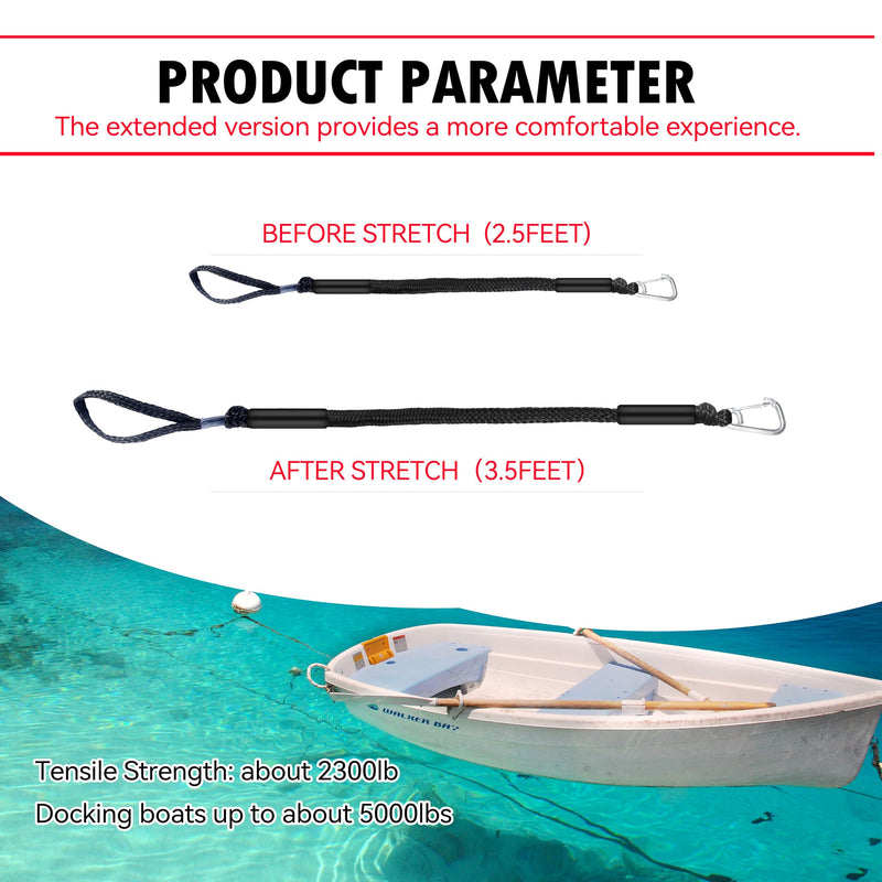 Single Hook Bungee Dock Lines – Adjustable Boat Tie Downs for Pontoon, Jet Ski, PWC, Kayak | Small Cruiser Mooring Lines | 2.5/3/4/7/14ft (2, Black, 2.5 FEET)