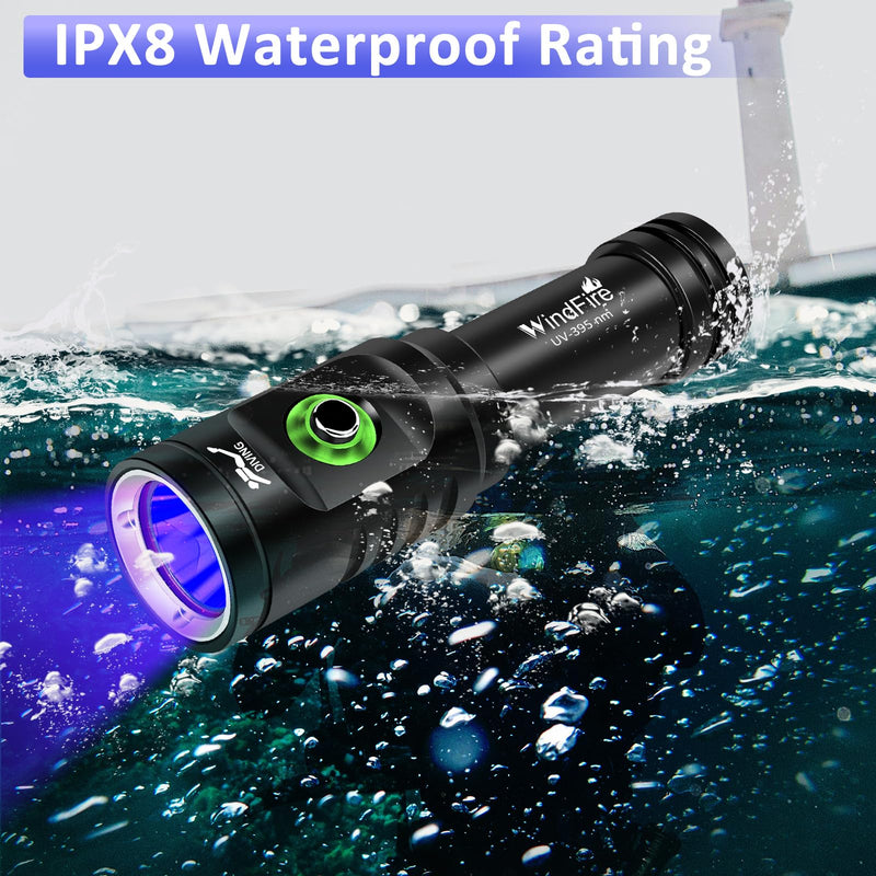 WINDFIRE Dive Light, 395 nm UV Scuba Flashlight, Waterproof Black Light Flashlight with Power Indicator for Scuba Diving, Underwater Fluorescence & Pet Urine Detection TS08_Purple Light