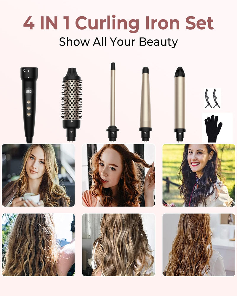 38mm Thermal Brush, UKLISS 4 in 1 Hot Hair Brush Set, 9/13-25/32mm Curling Iron for Short & Long Hair, 14 Temps LCD Display (210-450℉), 4 Interchangeable Barrels to Create Curls & Add Volume for Hair Classic Black(4 in 1 Set)