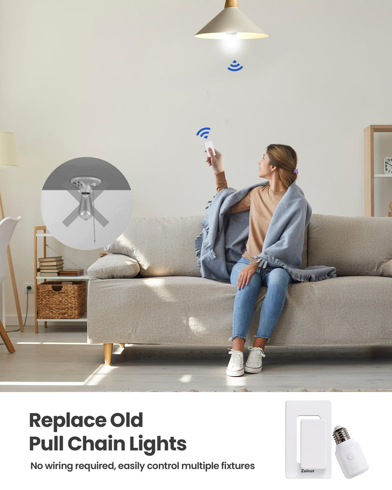 Zoiinet 500W Remote Control Light Bulb Socket, Wireless Light Switch for Pull Chain Lighting Fixture, with 2 E26 E27 Bulbs Base Holder, Programmable, No Wiring Needed 1 Switch 2 Sockets