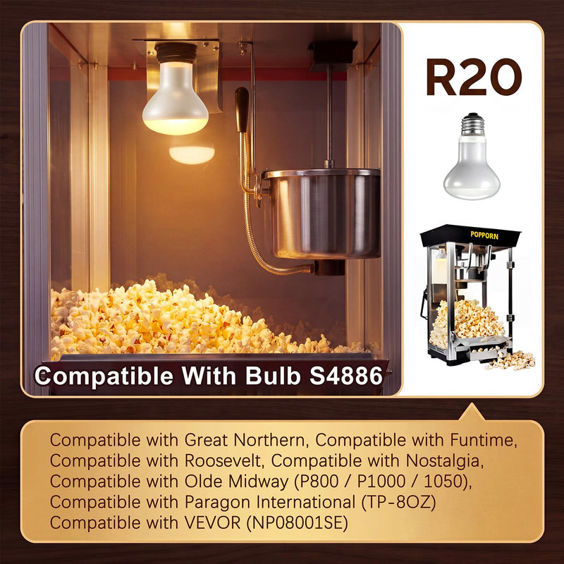 4 Pack 50W 120V R20 Popcorn Machine Light Bulb Replacement, Frosted Shatter Proof Popcorn Lamp, Incandescent Reflector Heat Light Bulb for Machine Warmer & Food Display, E26 Base