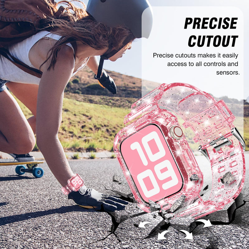 DABAOZA Compatible for Clear Apple Watch Band 41mm 40mm 38mm 42mm 44m 45mm 49mm with Case, Women Glitter Bling Sport Strap for iWatch Band Ultra 2/1 Series 9 8 7 6/SE 5 4 3 2 1 Glitter Clear Pink 41mm/40mm/38mm