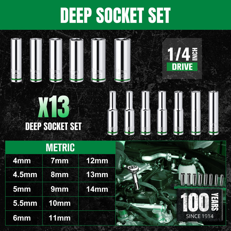 SK 1/4" Drive Socket Set, Deep Metric Sockets, 13-Piece 4-14 mm, SuperKrome Finish, Premium CR-V Construction, with Aluminum Socket Organizer