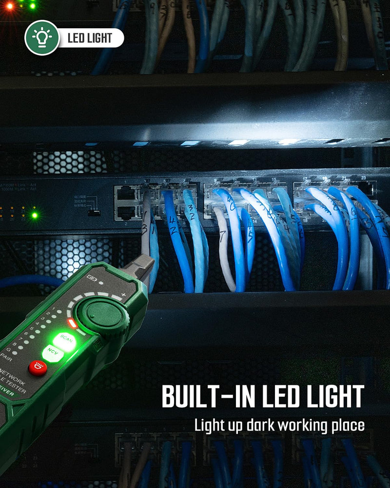 TESMEN TLP-900AR Network Cable Tester, RJ11 RJ45, for CAT5/6/POE/STP, Multi-function Cable Tracer with Pairing, Continuity, QC&NCV, Suitable for Ethernet, Telephone, Wire maintenance and sorting-Green Green