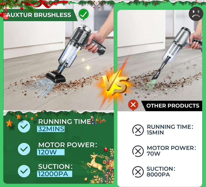 Handheld Vacuum Cordless-3 in 1 Car Vacuum Cleaner High Power-Brushless Motor 12000PA,Super Suction Power Vacuums-Cable-Small, Portable and Rechargeable Cleaner for Car Black Gray