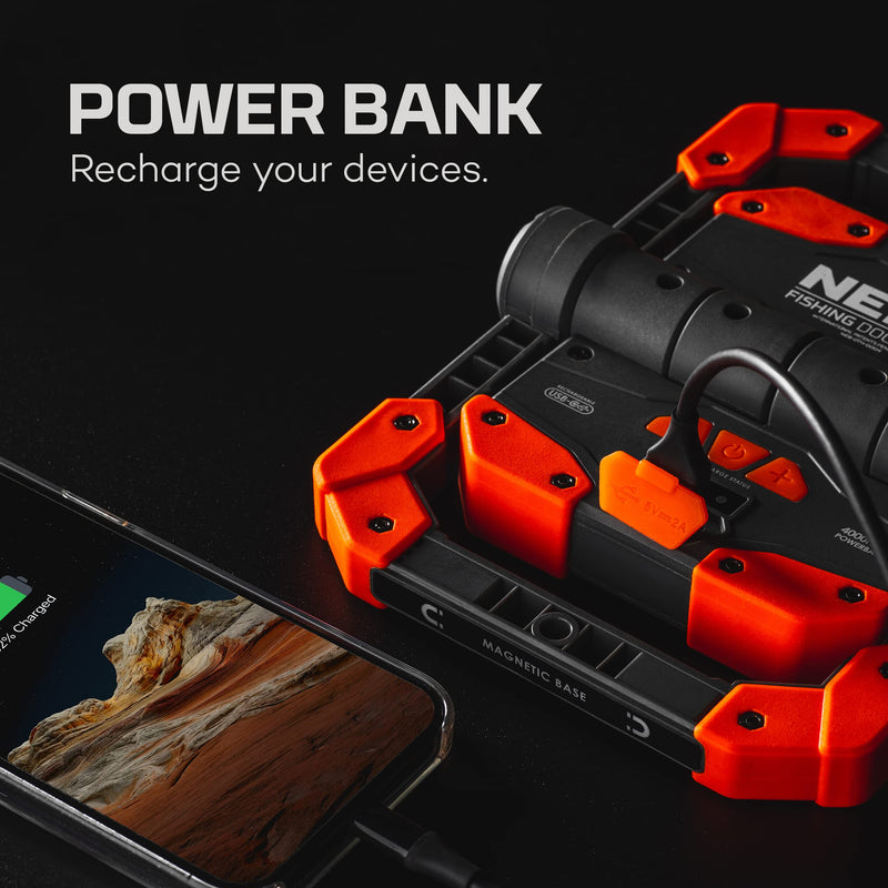 NEBO OMNI Fish Dock Light | 450 Lumens COB, 4 Light Modes, 395nm UV, Rotating Magnetic Handles, Built-In Power Bank, Water Resistant, Rechargeable Work Lamp, Includes USB-C Charging Cable