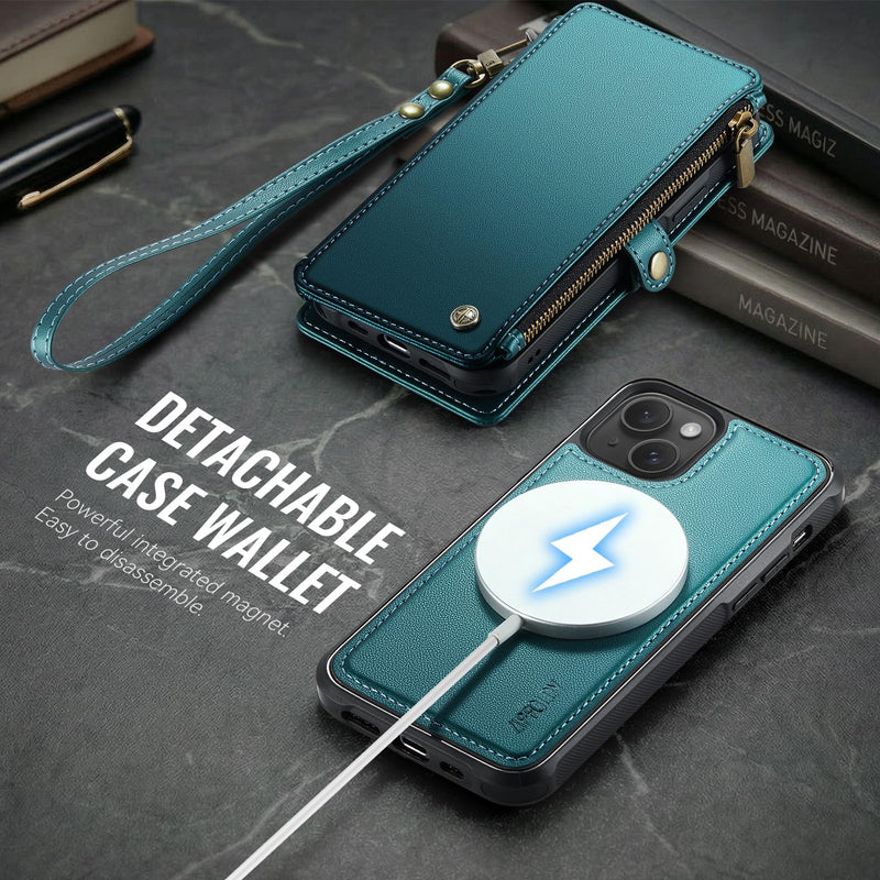 for iPhone 14 - Phone Case Wallet Magnetic Detachable, Turquoise | Compatible with Magsafe, RFID Blocking Card Holder, Zipper Pocket, Wristlet, Durable PU Leather, Magnet Flip, for Women Men