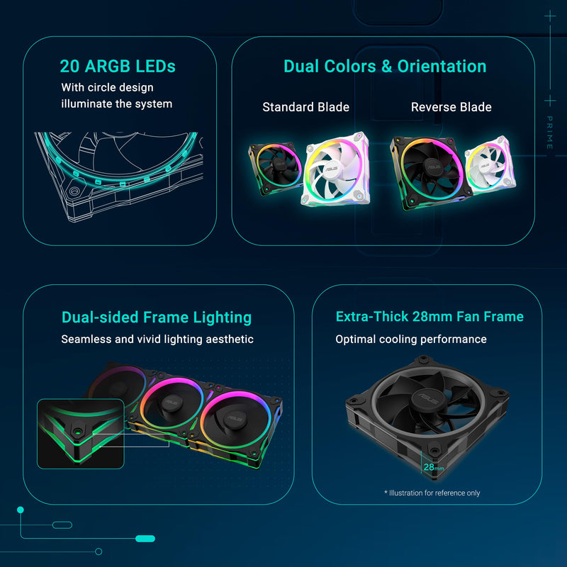 ASUS Prime MR120 ARGB Fan Black Triple Pack, 28mm Extra-Thick Frame, Quiet, high-Performance Cooling with PWM, 20 ARGB LEDs with Dual-Sided Frame Lighting, Aura Sync, 2 Year Warranty 3 Pack MR120 ARGB|Black