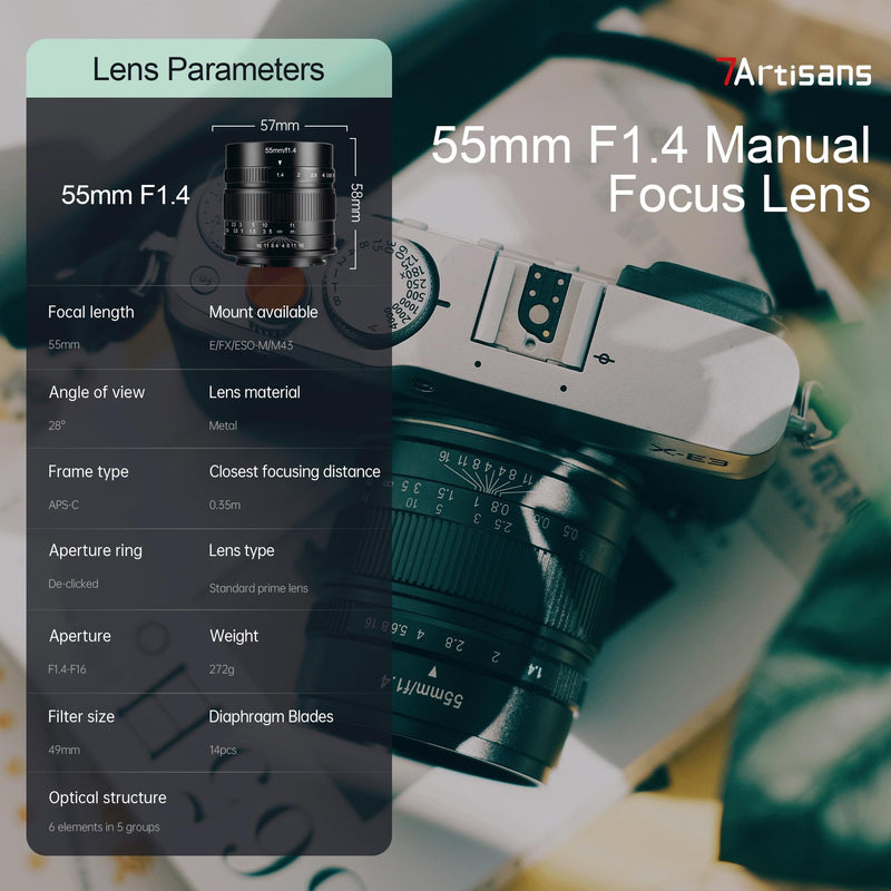 7artisans 55mm F1.4 Manual Focus Camera Lens APS-C Mirrorless Camera Lens for Sony E Mount Cameras Like A6300 A6400 A6500 NEX-3 NEX-3N NEX-5T NEX-5R A7 A7II A7RIII