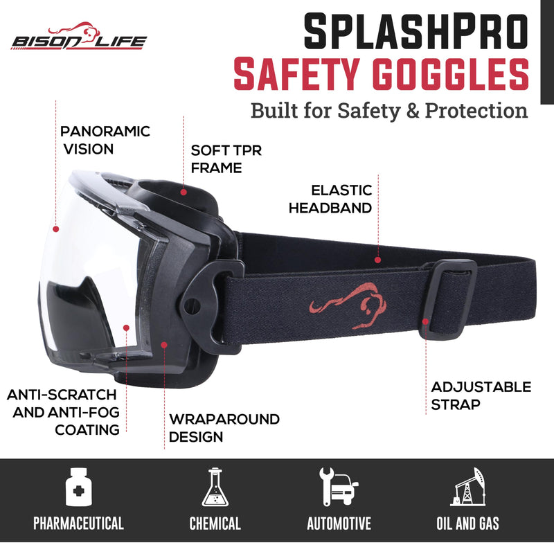 BISON LIFE SplashPro, Safety Goggles Over Glasses, ANSI Z87.1 Anti-Fog Safety Goggles, Impact & Scratch Resistant, Eye Protection Over Prescription Glasses, Adjustable Strap, Lab & Work Goggles
