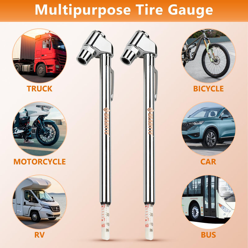 Presta Bike Tire Air Pressure Gauge Pencil 10-120 Psi for Schrader or Presta Valves Car Bicycle Or Motorcycle - 2 Pack