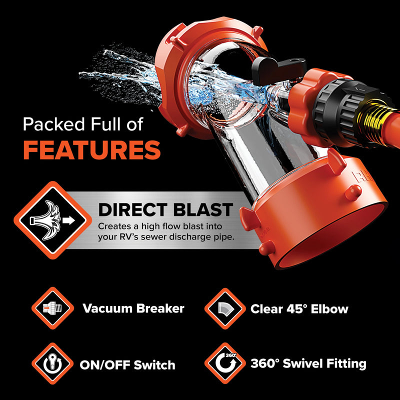 Camco Rhino Blaster RV Tank Rinser with Backflow Preventer RV Accessories for Toilet and Waste Tank Cleaning - Essential Camper Supplies for Odor Control and Sensor Maintenance - (39080) Without Gate Valve Standard Packaging