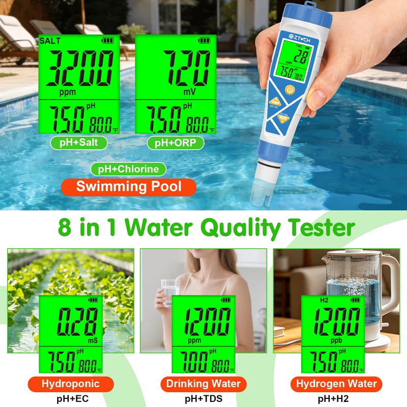 Pool pH Salt and Chlorine Tester 8 in 1 Digital pH Salinity TDS EC Chlorine ORP H2 for Salt Water Pool, Hot Tub, Hydroponic, Aquarium, Hydrogen Water Bottle, Simultaneously Display pH&CI-Temp Blue-8