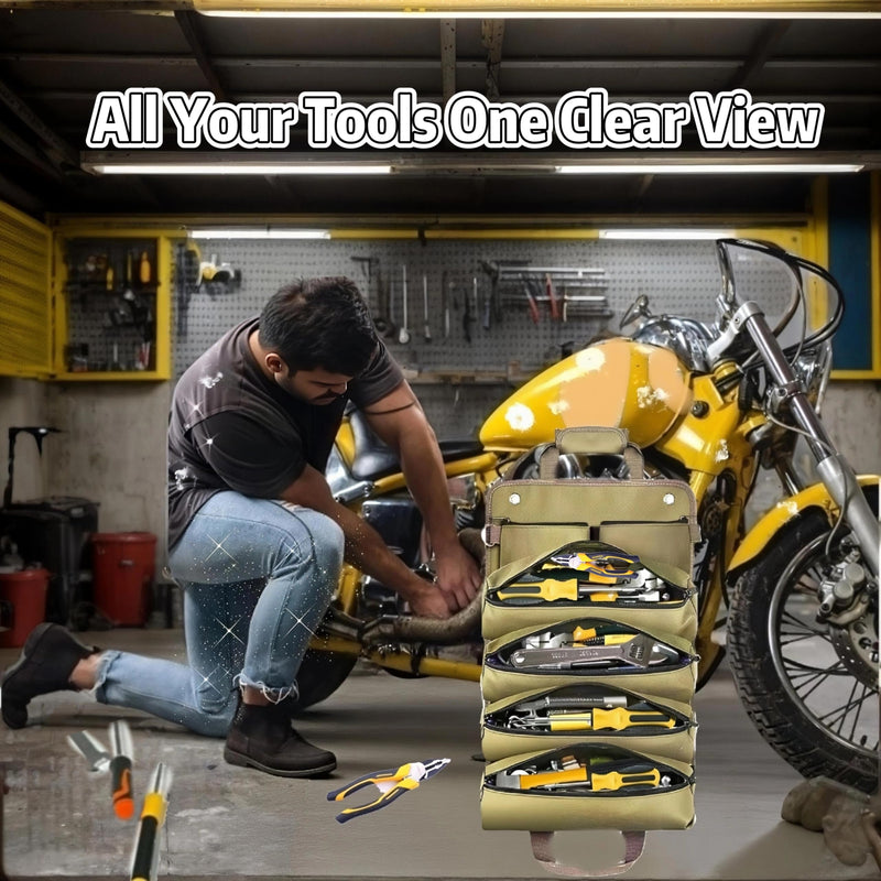 Tool Bag Roll Up Portable Tool Roll Organizer-Gifts Dad Roll-Up Tool Bag Pockets for Wrenches, Sockets & Hand Tools for Mechanics & Electricians Handyman Khaki