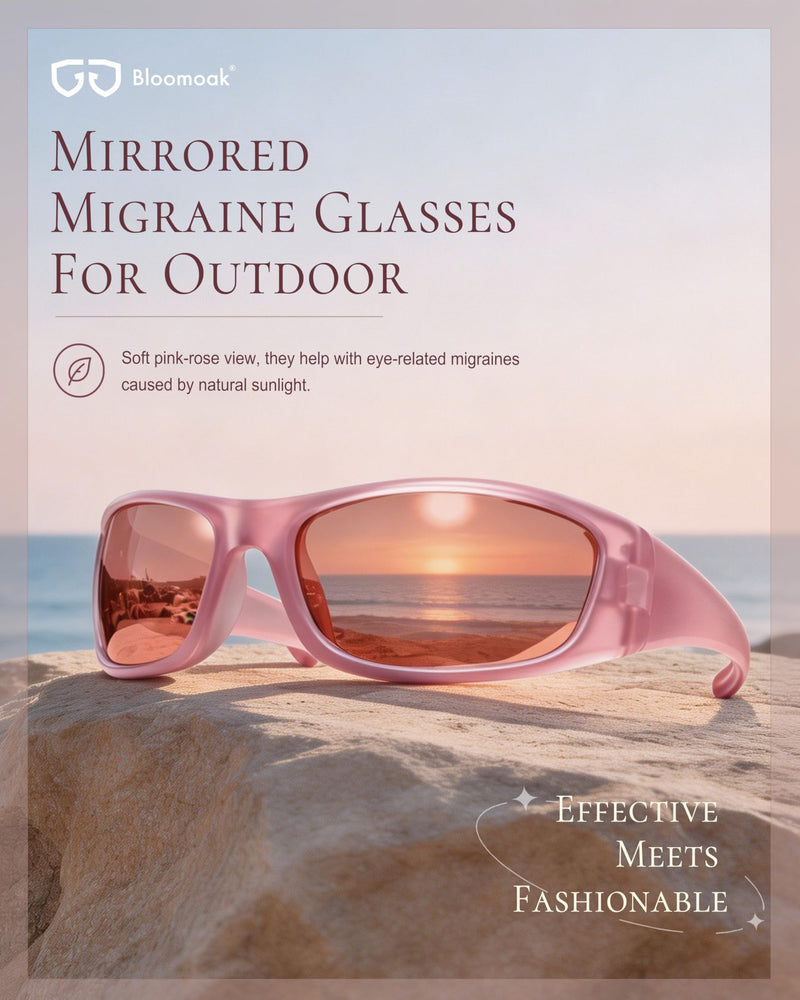 Wraparound Migraine Glasses,FL-Flex Light Sensitivity Glasses for UV400 Protection,Fluorescent LED Glare,Photophobia Rose Silver Mirror - Bright Sunlight Migraine Relief