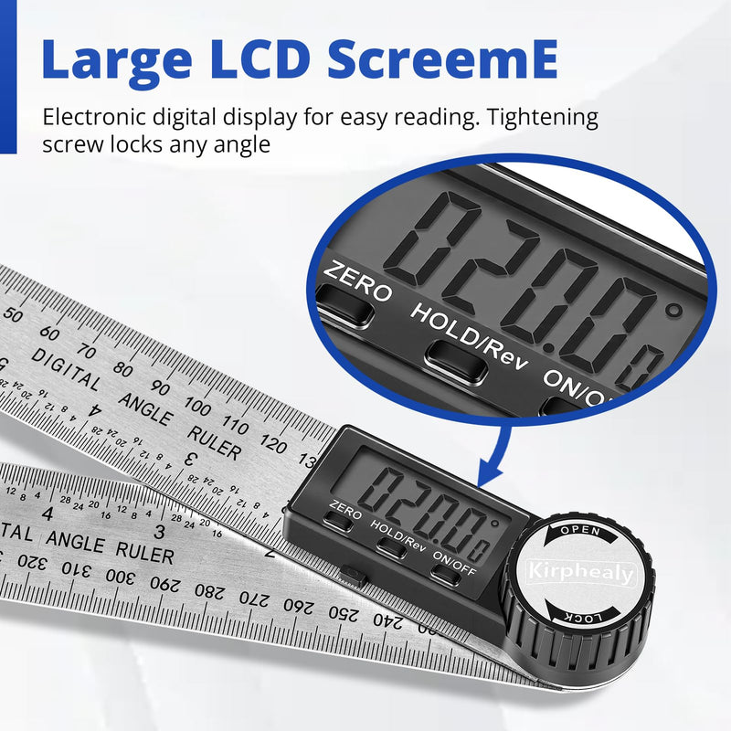 Digital Angle Finder Protractor, 7inch 200mm Angle Gauge Professional Measuring Tool, Third Generation Adjustable Angle Ruler, Quick Display for Carpentry Construction (Stainless Steel) Stainless Steel