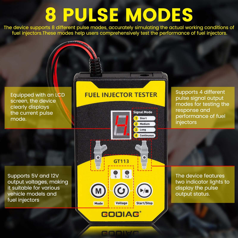 GODIAG Fuel Injector Tester Cleaner Kit, 8 Pulse Modes Injector Tester 6 Size Cleaning Adapters 12V/5V Output Power Drive, 4 Wire Dual Channel DIY Fuel Injector Cleaner Tools