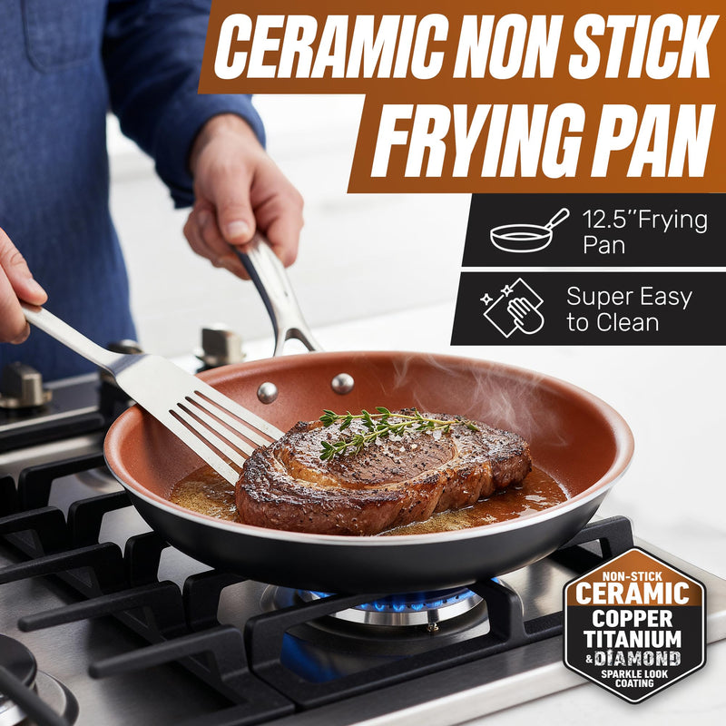 Gotham Steel 12.5 Large Frying Pans Nonstick, Family Sized Non Stick Frying Pan with Ceramic Copper Coating, Stay Cool Handle, Non Toxic, Dishwasher and Oven Safe