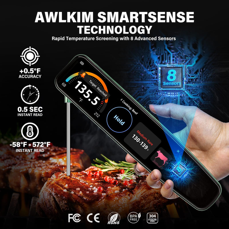0.5s Instant Read Smart Meat Thermometer Digital, 3.8″ HD Touchscreen with Temp-OS, Professional Kitchen Food Thermometer for Cooking, Grill, BBQ | ±0.5°F, −58–572°F, IP68, USB-C Rechargeable Green