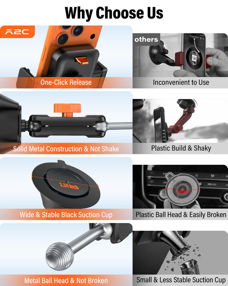 A2C 12" Anti-Shake Metal Arm Windshield Phone Mount, Suction Phone Mount | Heavy-Duty Vacuum Dual Suction Cup, One-Hand Release, 360° Rotation, for iPhone & Most Smartphones, Fits Car, Truck & Pickup Extended