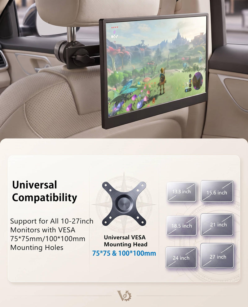 Heavy Duty Metal Car Headrest Monitor VESA Mount, Universal Car Headrest Mount for 15.6‘’ Portable Monitor, Adjustable Backseat Gaming Holder for 10–27 Inch Screen, Stable Road Trip Stand for Kids