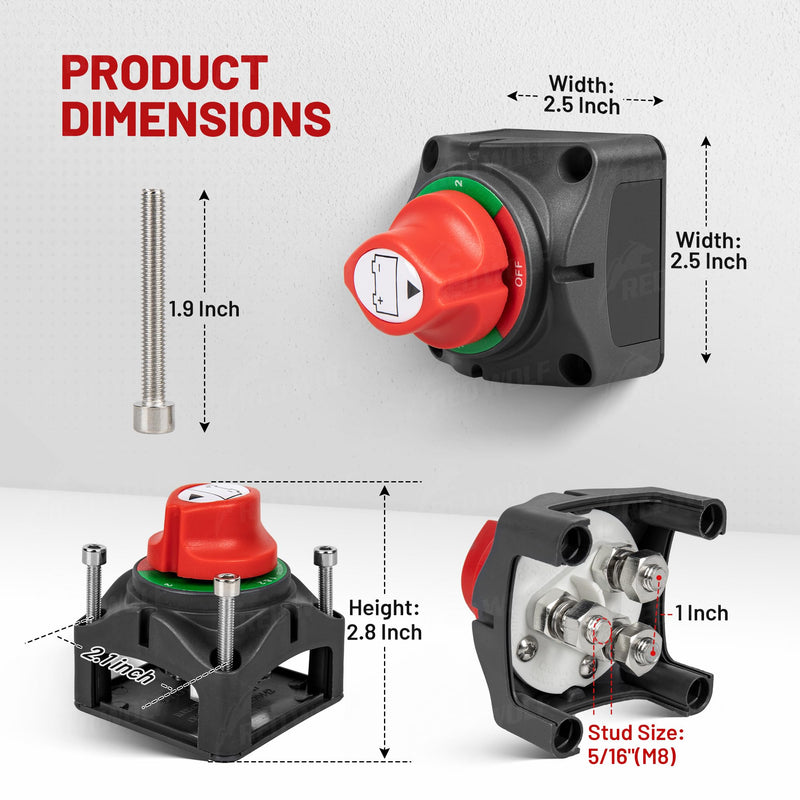 RED WOLF 1-2-Both-Off Battery Switch DC 12V-48V 200A, Heavy Duty Marine Battery Power Cut Master Switch Disconnect Isolator Ignition Protected for Automotive RV Marine Battery Kill w/M8 Stud 1-2-Both-Off Switch