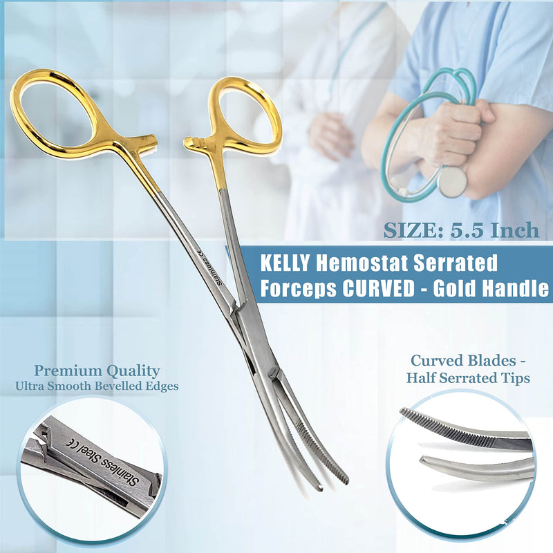Kelly Hemostat Forceps 5.5" Curved Clamps with Half Serrated Jaws Ideal for EMT, Firefighter, Nurses, Dental, hobby, Fishing Electronics, Pruning + More Stainless Steel (Gold Handle) Gold Handle