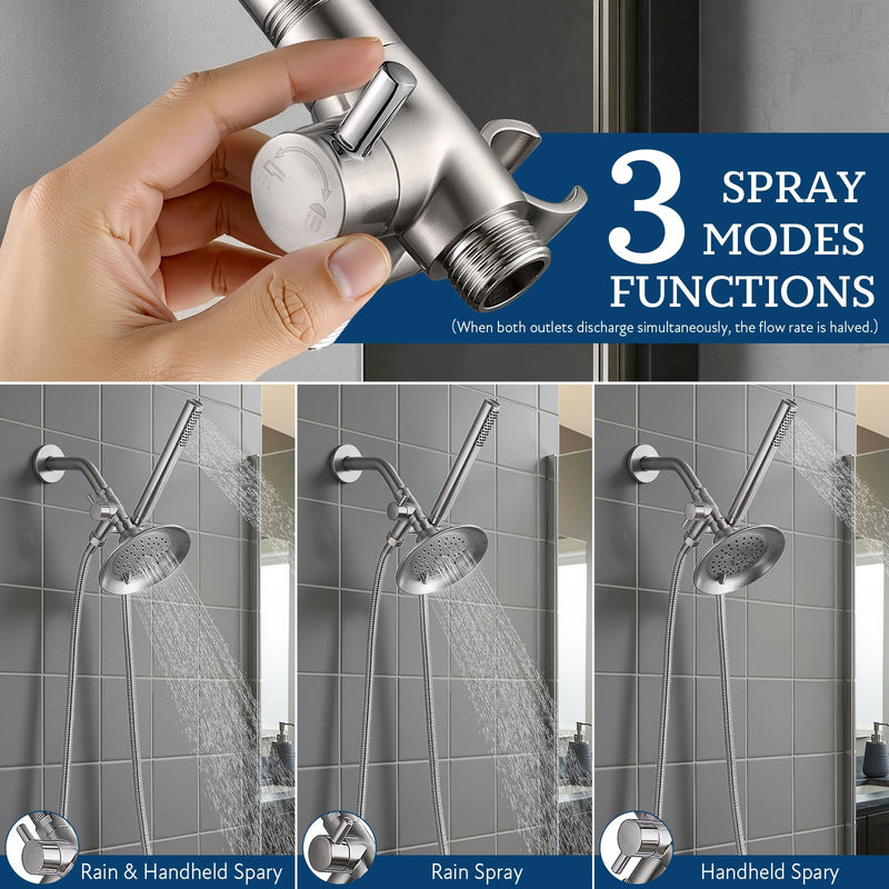 G-Promise Solid Metal Shower Arm Diverter with Holder for Hand Held Showerhead and Fixed Spray Head, G 1/2 3-Way Bathroom Universal Diverter System Replacement Part (Brushed Nickel) Brushed Nickel