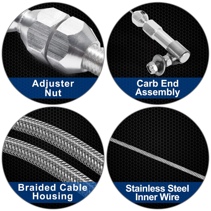 Spurtar 24" Universal Throttle Cable Stainless Steel Braided Covering Locking Throttle Cable Kit With Aluminum Fitting & Ferrule, Adjustable Throttle Cable Automotive Replacement Accelerator Cables 24 inch