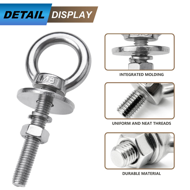 8 Pack M8 Eye Bolts with Nuts, 304 Stainless Steel 5/16" x 2" Heavy Duty Lifting Eye Bolts, Metric M8×51mm Ring Eye Bolt for Hanging, Tie Down, Outdoor & Hardware Fixing (8, 5/16"x2") 5/16"x2" 8