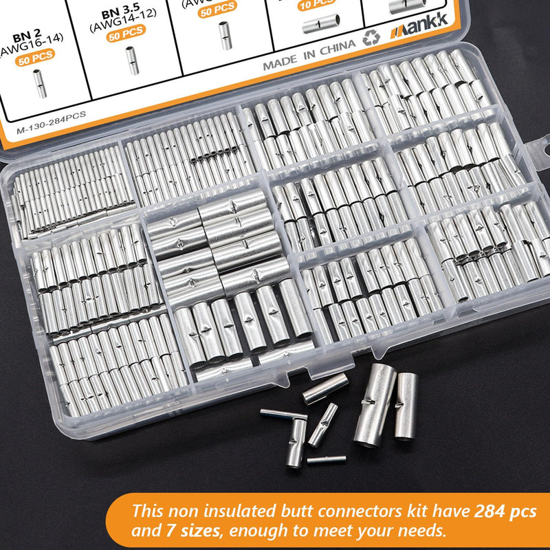 mankk 284PCS Non Insulated Butt Connectors Kit with Crimping Tool 26-6 Gauge Tinned Red Copper Butt Connector Uninsulated Butt Connector Wire Crimp Connectors 284PCS 26-6AWG+Tool Kit-Non Insulated
