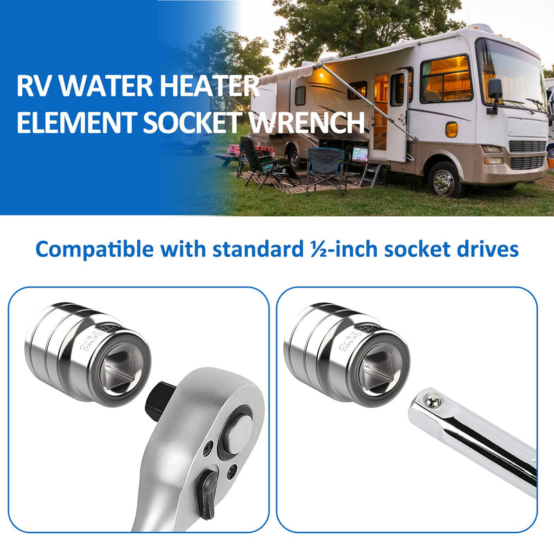 RV Water Heater Element Wrench Socket, 1-1/16" 6-Point Anode Rod Socket, 1/2" Drive Heating Element Wrench Tool for Residential, RV, Camper, Trailer and Motorhome 1-1/16 in