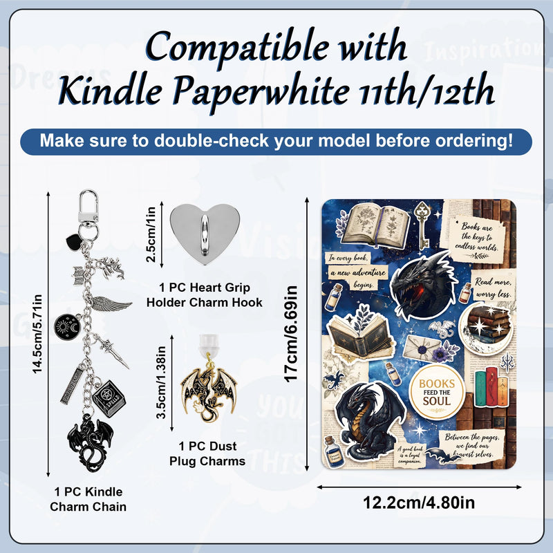 Insert Cardstock for Clear Cases, 6 Pcs Fantasy Dragon Cardstock Inserts with Charm Chain Dust Plug, Reading Accessories Compatible with Kindle Paperwhite, Fantasy Reader Gifts for Women Book Lovers Fantasy Dragon063