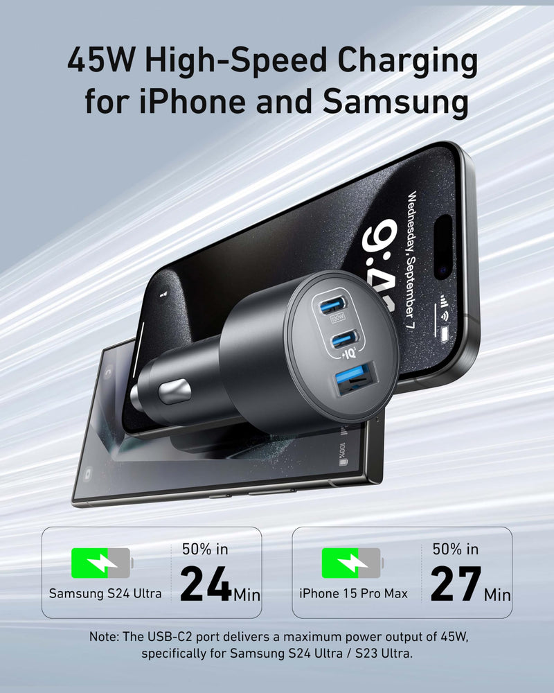 Anker 167.5W Max 3-Port Ultra-Compact USB C Fast Charging Car Charger | Fast Charging Adapter for MacBook Pro / Air, iPhone 17 / 16 / 15 Series, Samsung S25, iPad Pro, AirPods, and More