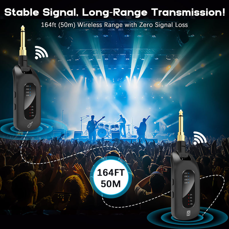 5.8GHz Wireless Guitar Audio System - Rechargeable Transmitter and Receiver with 4 Channels, Low Latency and Over 164ft Long Range Transmission, Compatible Guitar Bass Electric Instruments
