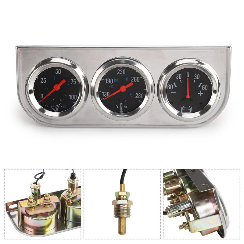 2" 52mm Triple Gauge Kit Chrome Panel 3in1 Car Meter Oil Pressure Fahrenheit Water Temp Ammeter Gauges for 12V Car Boat Truck Black Face