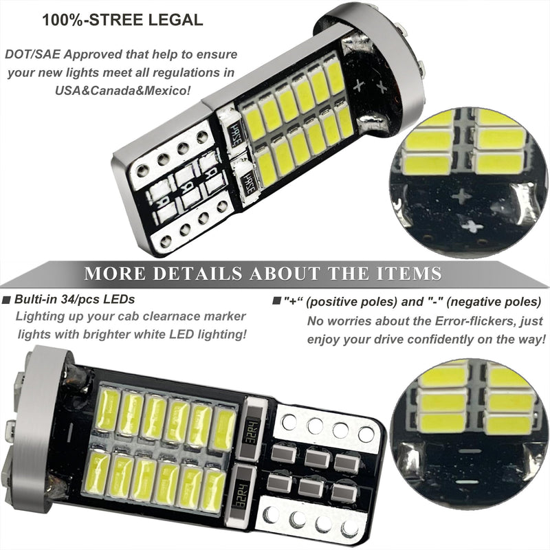 LED Roof Cab Marker Lights Bulbs for Ford 1999-up F150, 2000-up F250 F350 F450 F550 Super Duty White LED Front Up Top Clearance Marker Lamps Bulbs