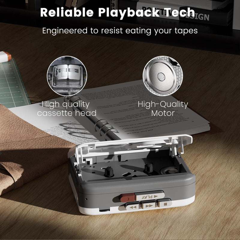 Portable Cassette Player with Built-in Speaker, Tape Recorder for Music Playback & Voice Recording, Ideal for Students, Home, Travel and Nostalgic Music Lovers (Grey White) Grey White