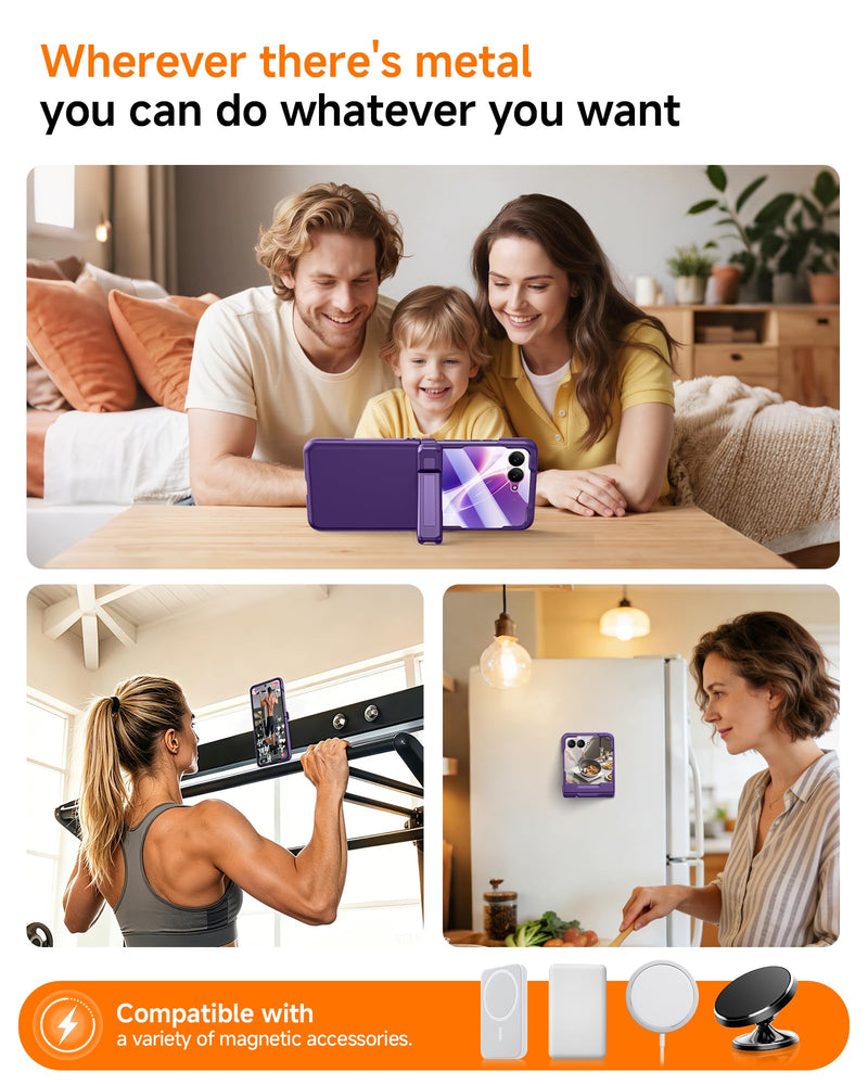 Kaiiecal Magnetic for Motorola Razr 2026/2025/2024 Case with Screen Protector [Fit for Magsafe] [Hidden Kickstand] [Hinge Protection] Durable Silicone Matte Protective Cover for Razr 70/60/50, Purple Phantom Purple